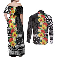 Samoa Tribal Hibiscus Flowers Couples Matching Off Shoulder Maxi Dress and Long Sleeve Button Shirt