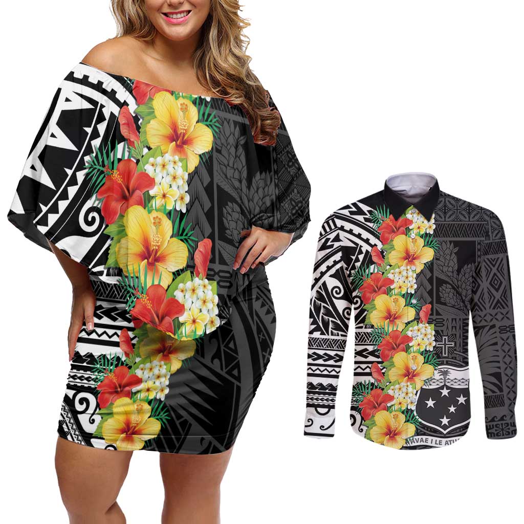 Samoa Tribal Hibiscus Flowers Couples Matching Off Shoulder Short Dress and Long Sleeve Button Shirt LT9 Black - Polynesian Pride