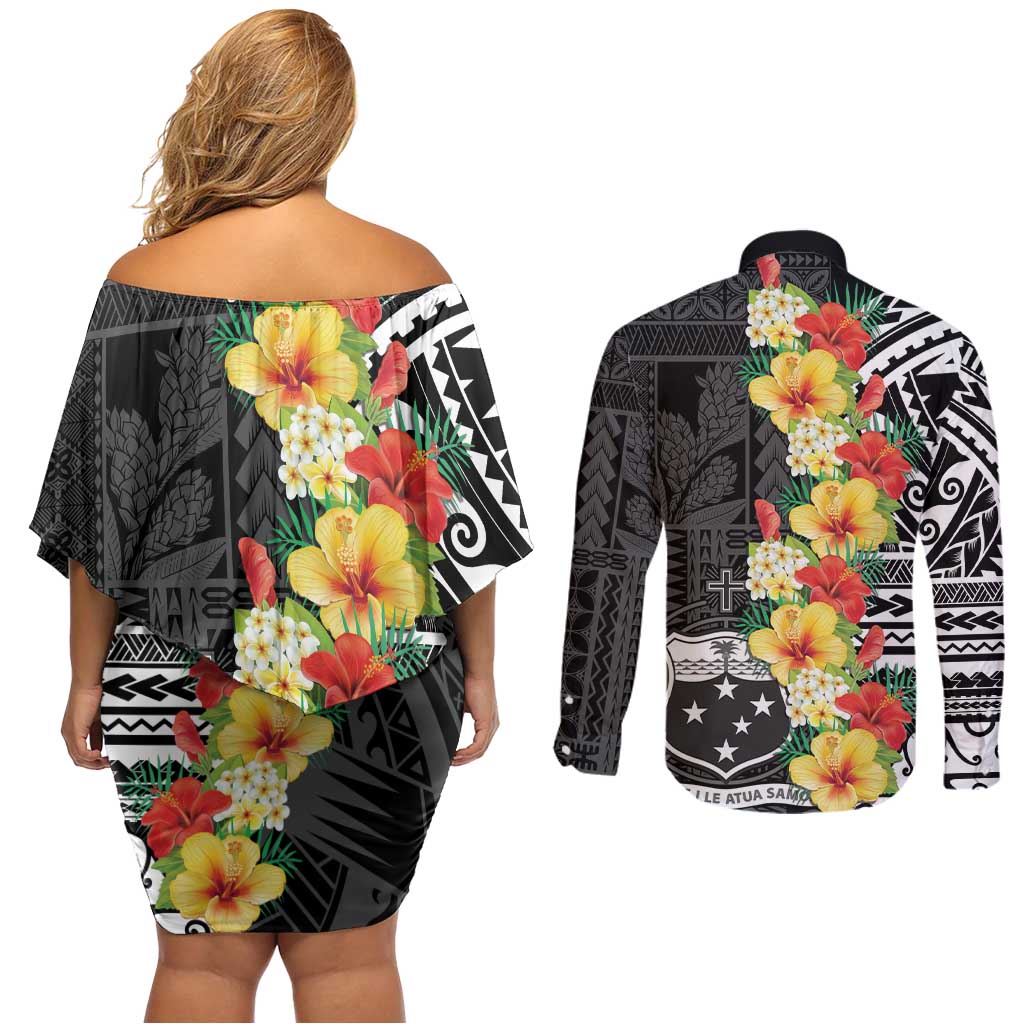 Samoa Tribal Hibiscus Flowers Couples Matching Off Shoulder Short Dress and Long Sleeve Button Shirt LT9 - Polynesian Pride