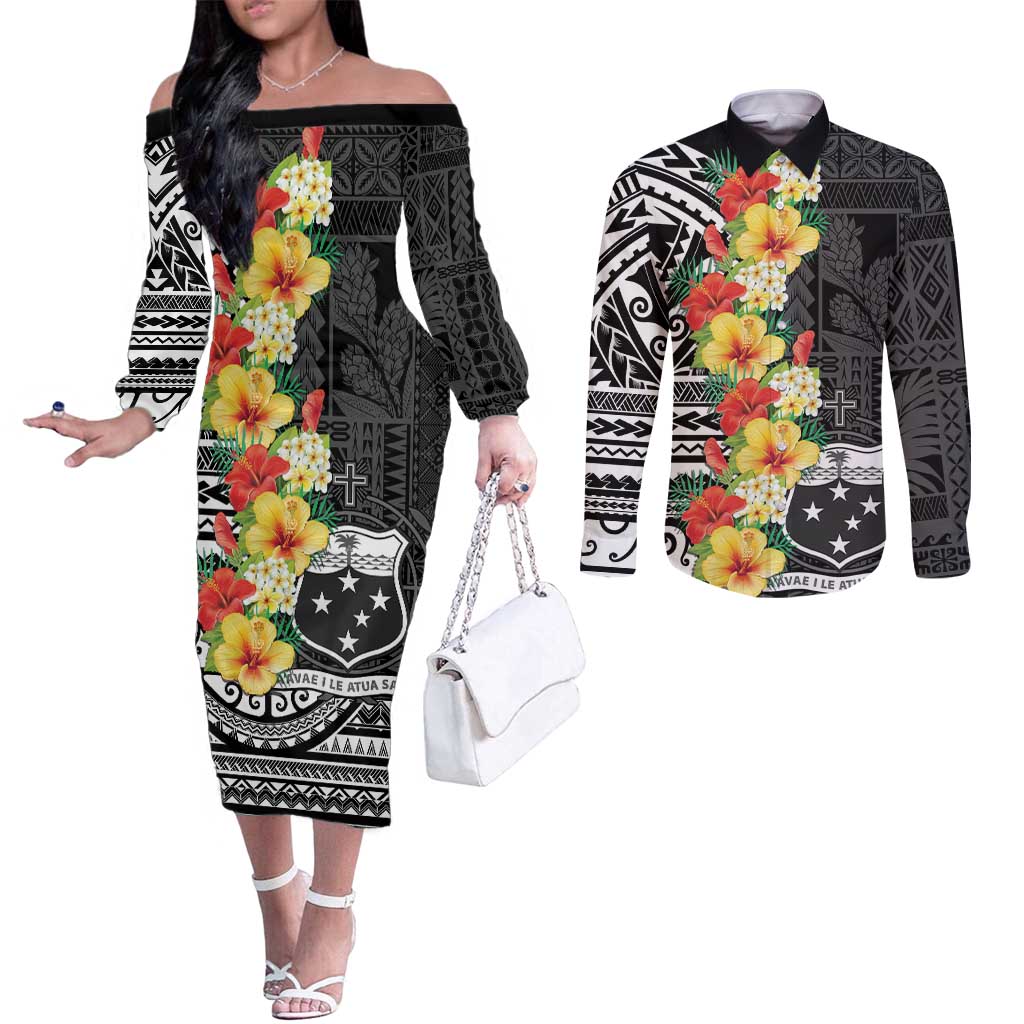 Samoa Tribal Hibiscus Flowers Couples Matching Off The Shoulder Long Sleeve Dress and Long Sleeve Button Shirt LT9 Black - Polynesian Pride