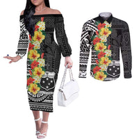 Samoa Tribal Hibiscus Flowers Couples Matching Off The Shoulder Long Sleeve Dress and Long Sleeve Button Shirt LT9 Black - Polynesian Pride