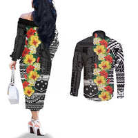 Samoa Tribal Hibiscus Flowers Couples Matching Off The Shoulder Long Sleeve Dress and Long Sleeve Button Shirt LT9 - Polynesian Pride