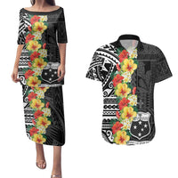 Samoa Tribal Hibiscus Flowers Couples Matching Puletasi and Hawaiian Shirt LT9 Black - Polynesian Pride