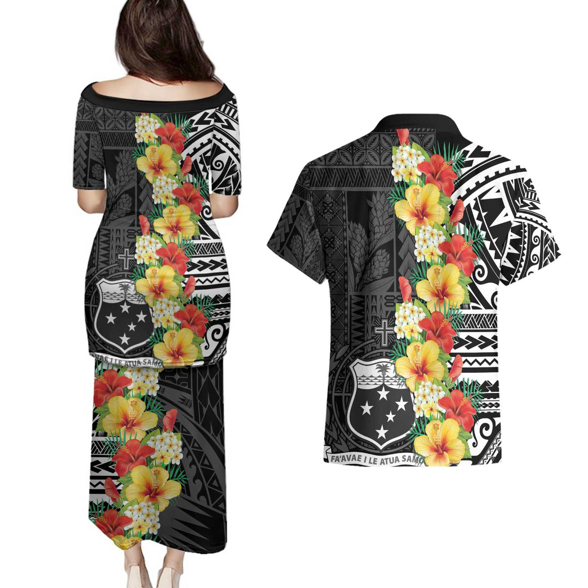 Samoa Tribal Hibiscus Flowers Couples Matching Puletasi and Hawaiian Shirt LT9 - Polynesian Pride