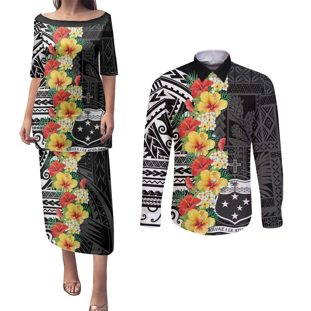 Samoa Tribal Hibiscus Flowers Couples Matching Puletasi and Long Sleeve Button Shirt LT9 Black - Polynesian Pride