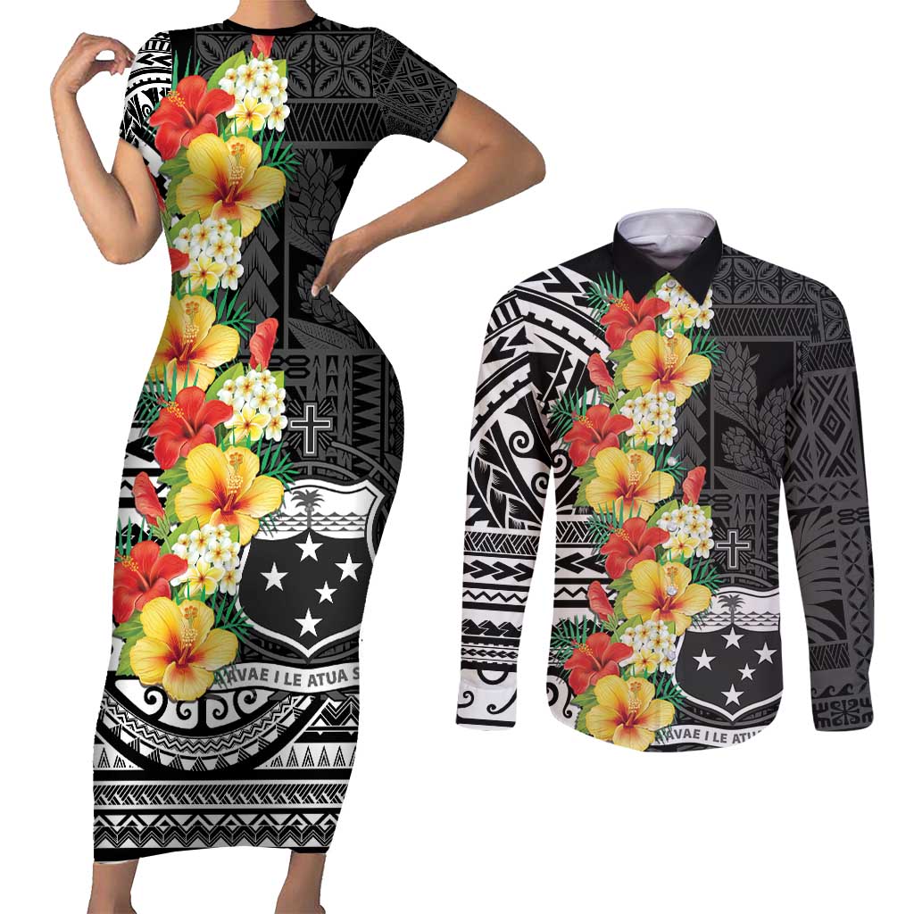 Samoa Tribal Hibiscus Flowers Couples Matching Short Sleeve Bodycon Dress and Long Sleeve Button Shirt LT9 Black - Polynesian Pride