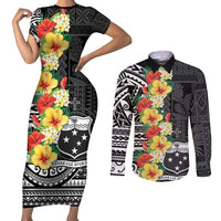 Samoa Tribal Hibiscus Flowers Couples Matching Short Sleeve Bodycon Dress and Long Sleeve Button Shirt LT9 Black - Polynesian Pride
