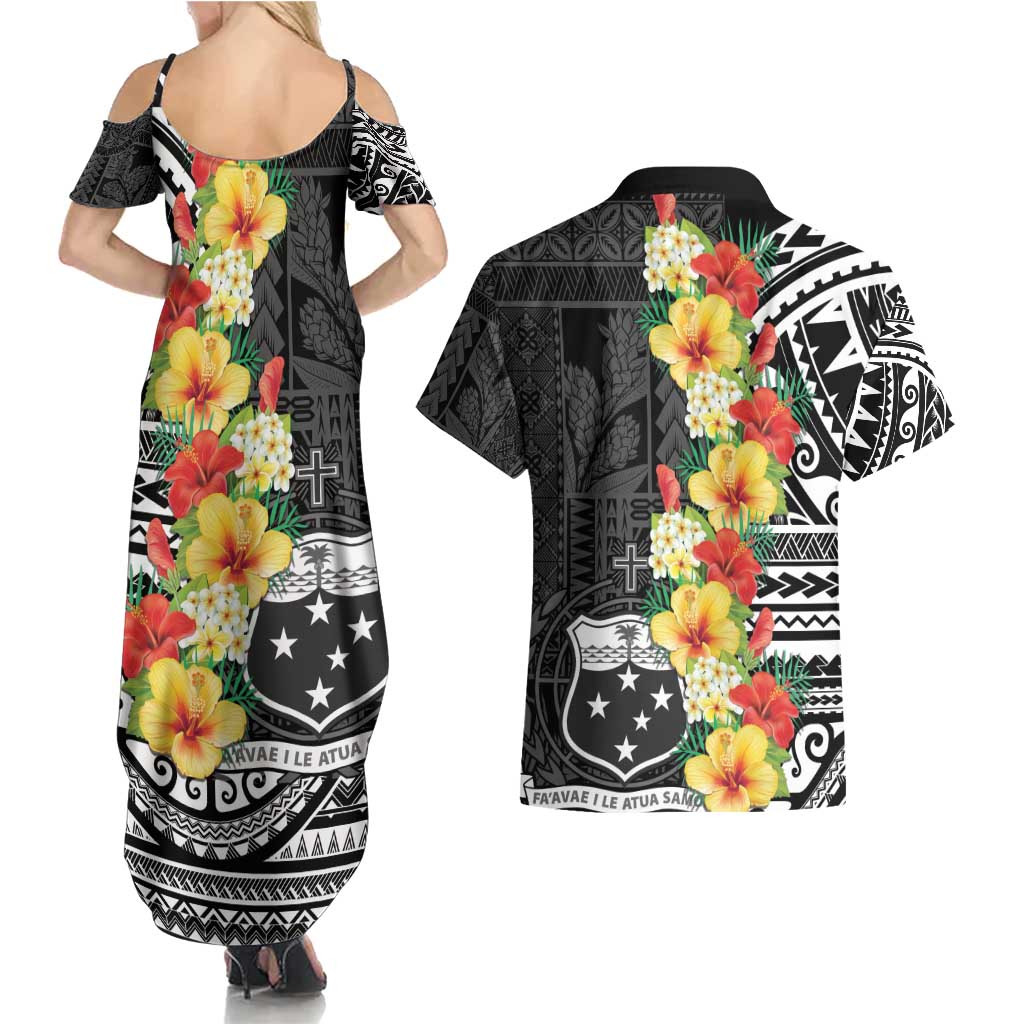 Samoa Tribal Hibiscus Flowers Couples Matching Summer Maxi Dress and Hawaiian Shirt