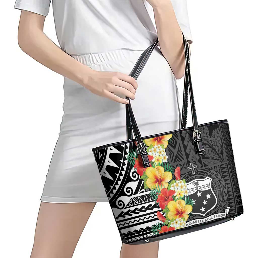 Samoa Tribal Hibiscus Flowers Leather Tote Bag