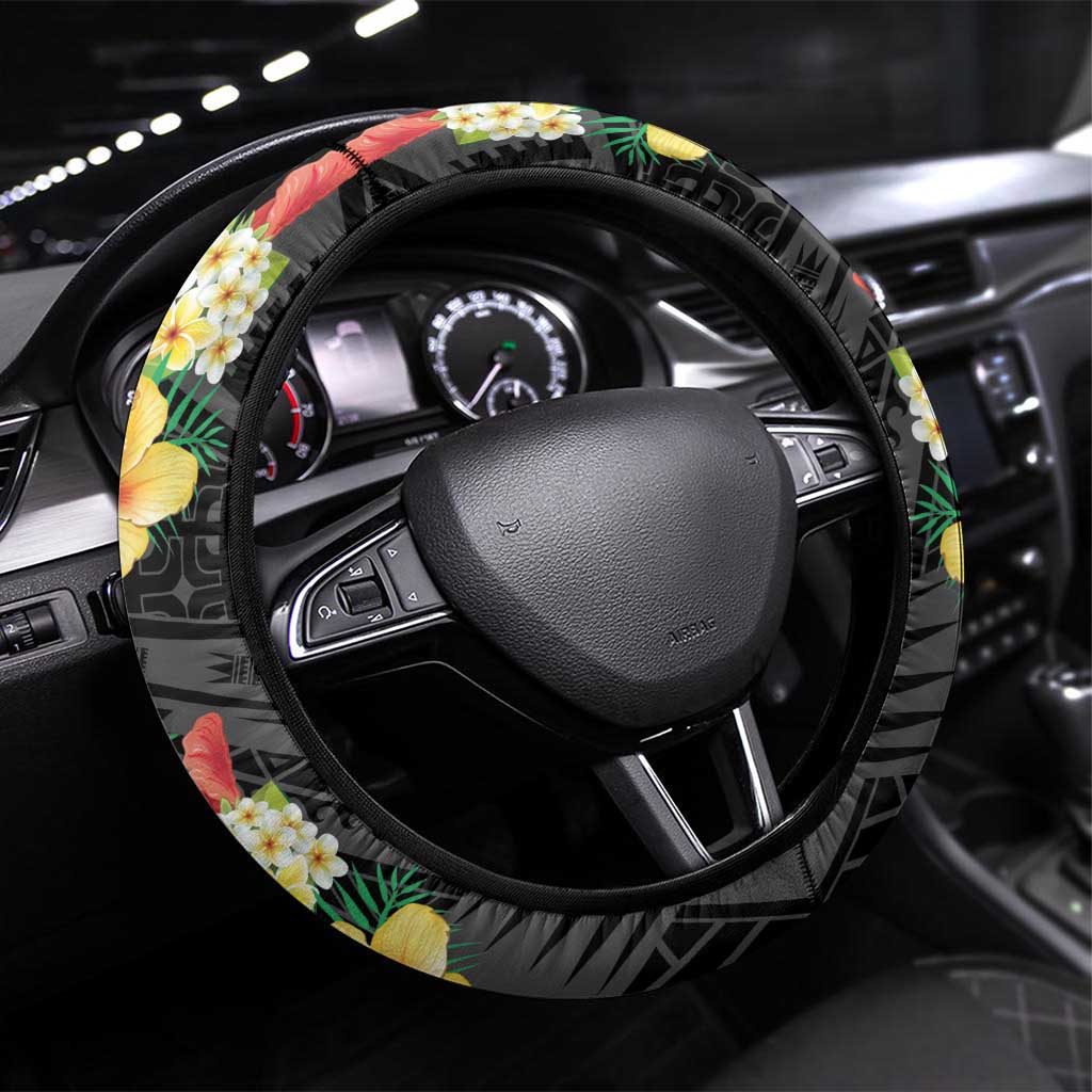 Samoa Tribal Hibiscus Flowers Steering Wheel Cover LT9 Universal Fit Black - Polynesian Pride