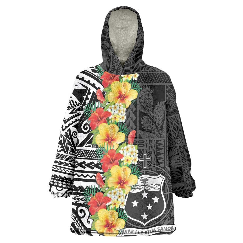 Samoa Tribal Hibiscus Flowers Wearable Blanket Hoodie LT9 One Size Black - Polynesian Pride