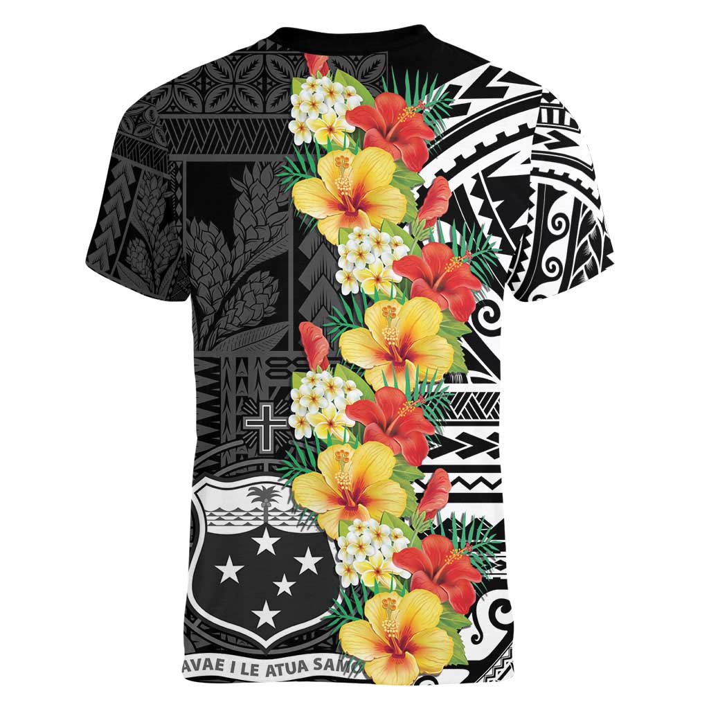Samoa Tribal Hibiscus Flowers Women V-Neck T-Shirt LT9 - Polynesian Pride