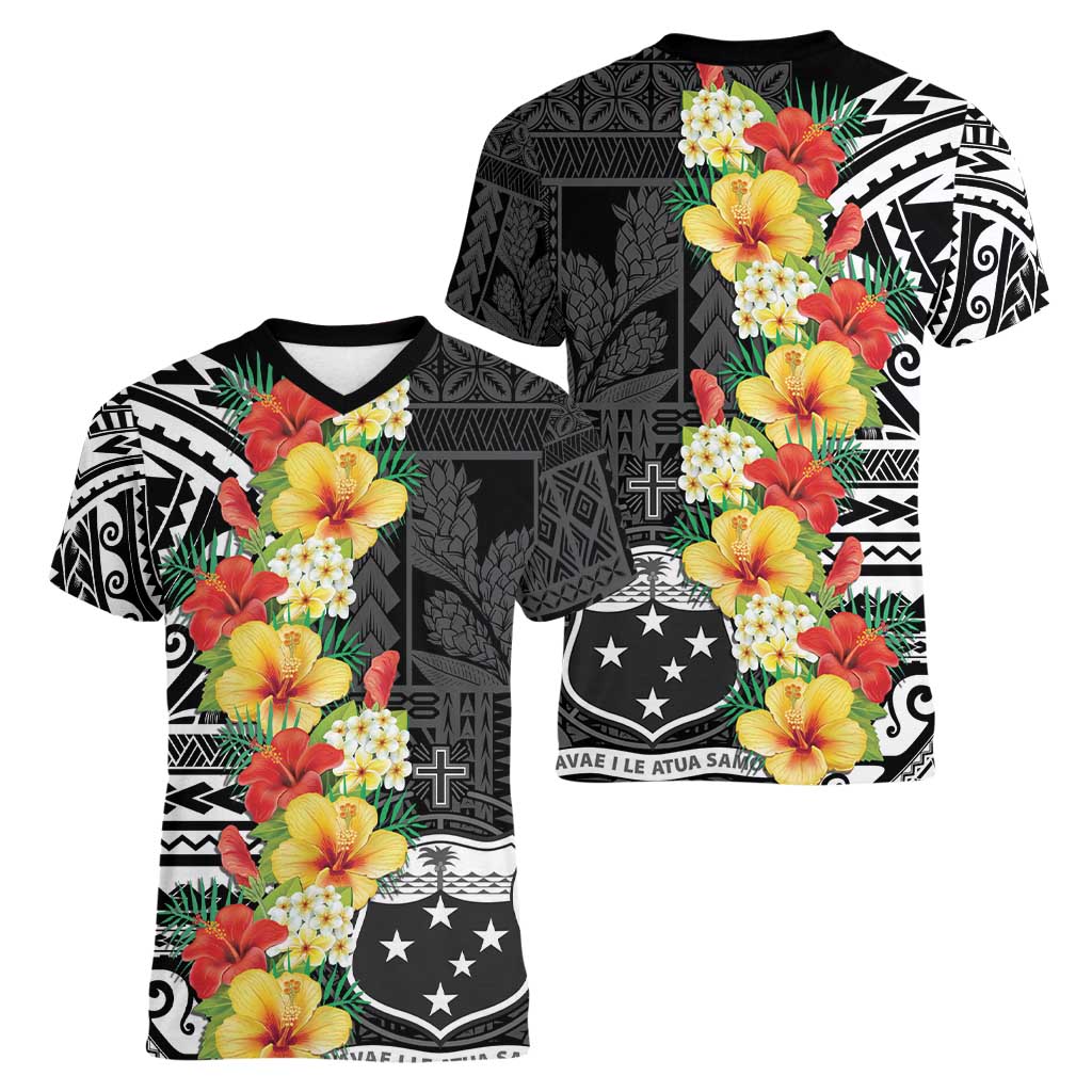 Samoa Tribal Hibiscus Flowers Women V-Neck T-Shirt LT9 - Polynesian Pride