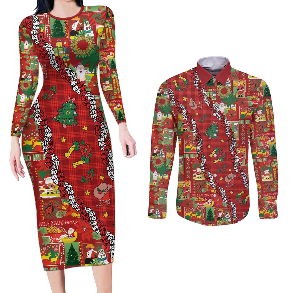 Mele Kalikimaka Pakalana Pikake Lei Couples Matching Long Sleeve Bodycon Dress and Long Sleeve Button Shirt Hawaiian Rodeo Paniolo Omaomao Palaka - Polynesian Pride