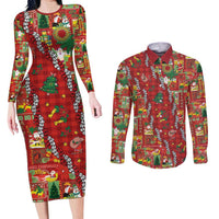 Mele Kalikimaka Pakalana Pikake Lei Couples Matching Long Sleeve Bodycon Dress and Long Sleeve Button Shirt Hawaiian Rodeo Paniolo Omaomao Palaka - Polynesian Pride