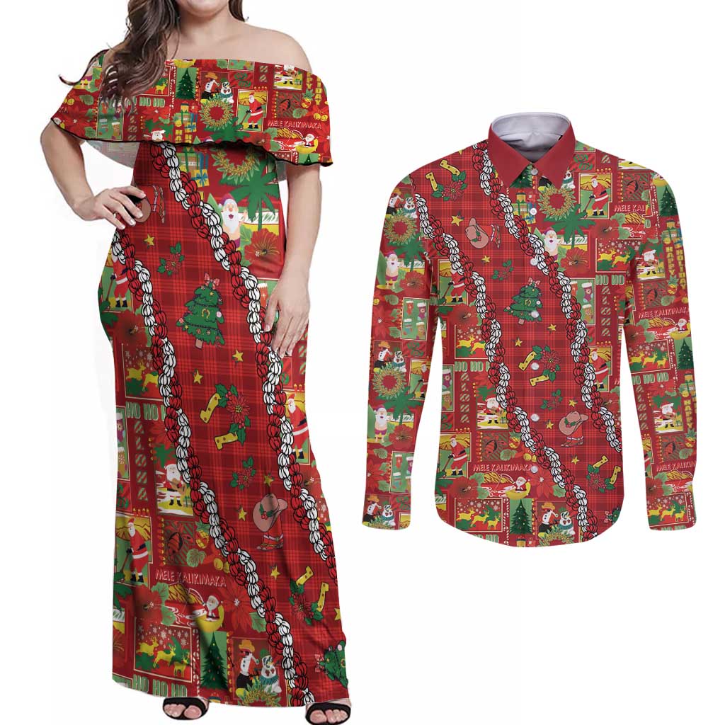 Mele Kalikimaka Pakalana Pikake Lei Couples Matching Off Shoulder Maxi Dress and Long Sleeve Button Shirt Hawaiian Rodeo Paniolo Omaomao Palaka - Polynesian Pride