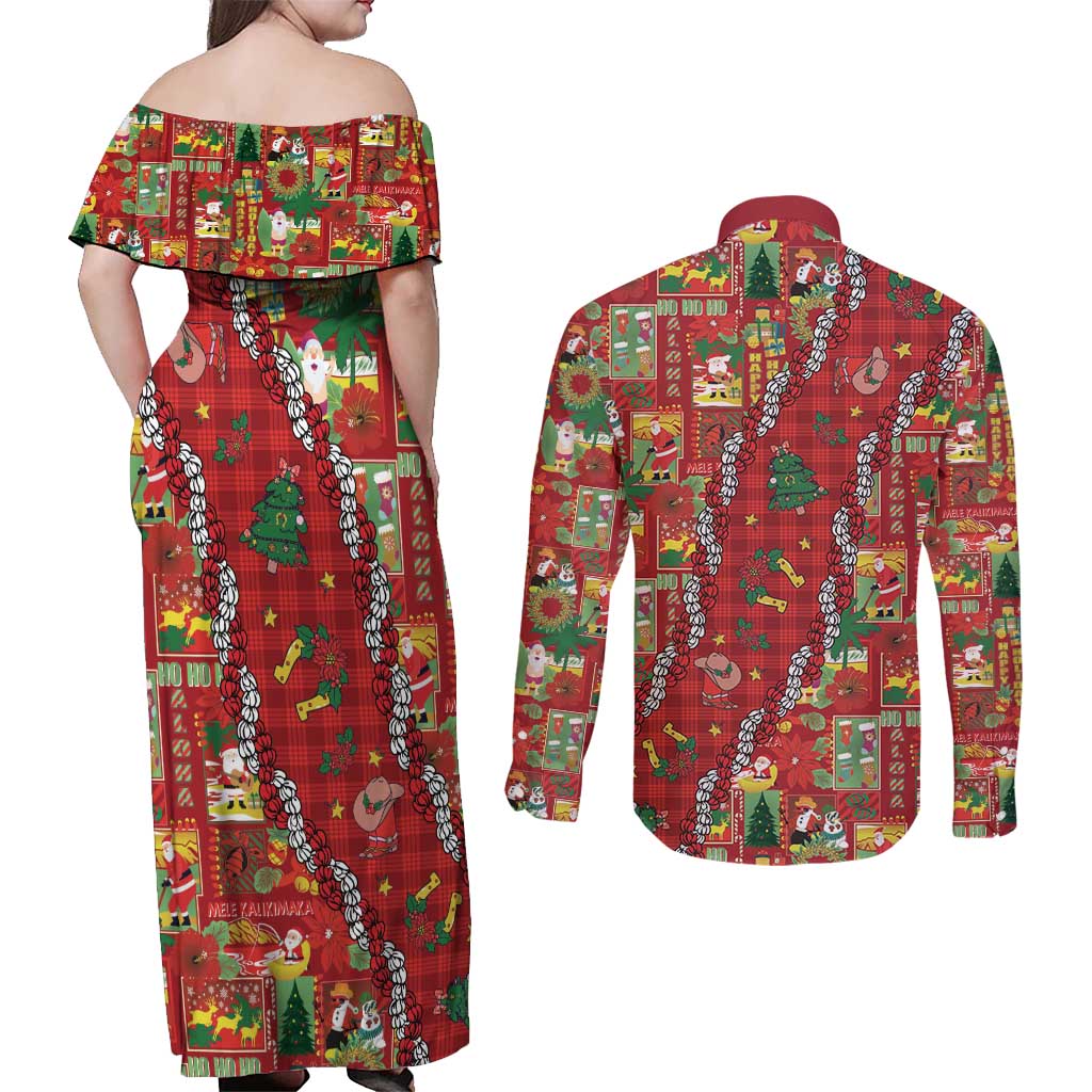 Mele Kalikimaka Pakalana Pikake Lei Couples Matching Off Shoulder Maxi Dress and Long Sleeve Button Shirt Hawaiian Rodeo Paniolo Omaomao Palaka - Polynesian Pride