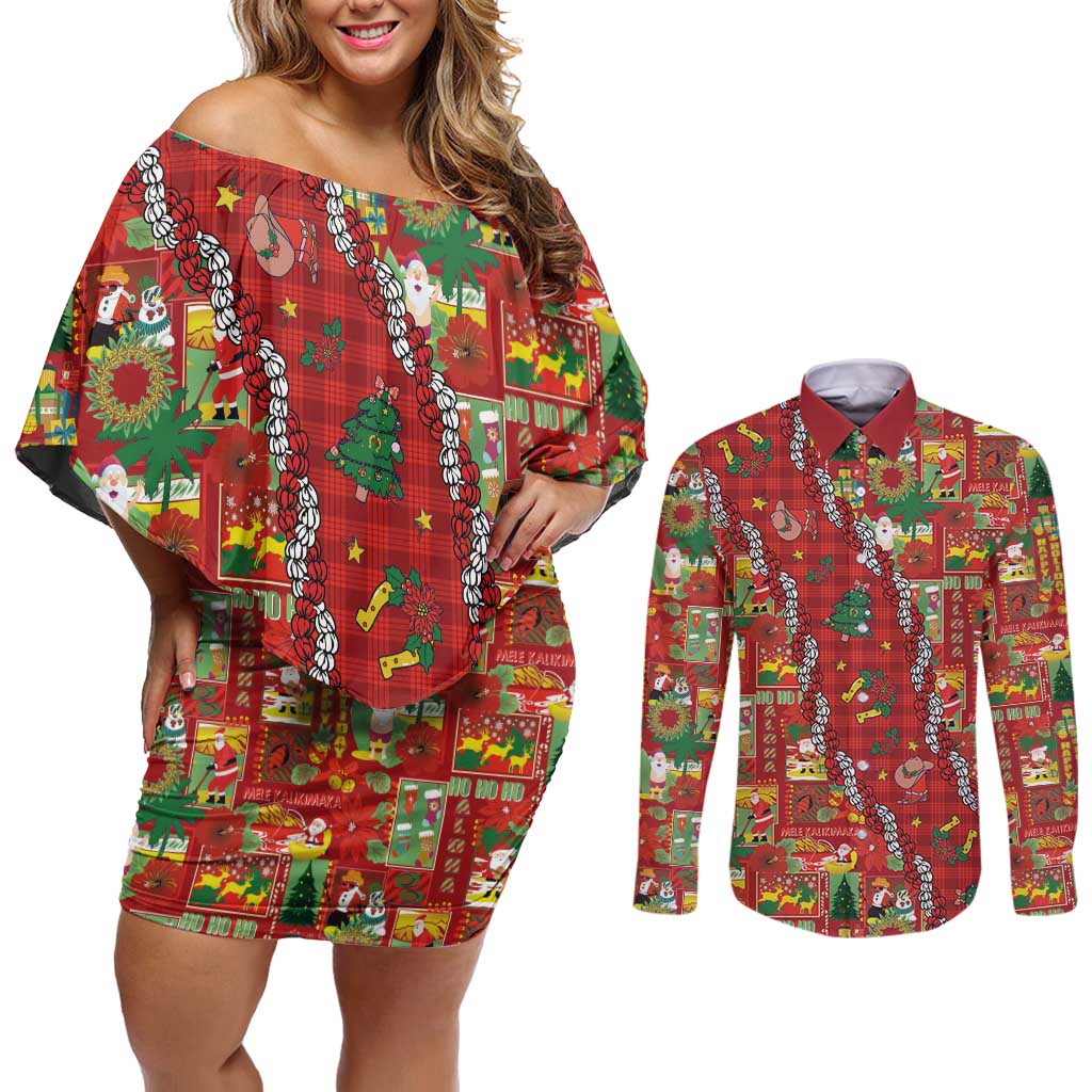 Mele Kalikimaka Pakalana Pikake Lei Couples Matching Off Shoulder Short Dress and Long Sleeve Button Shirt Hawaiian Rodeo Paniolo Omaomao Palaka - Polynesian Pride