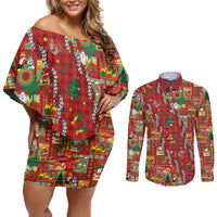 Mele Kalikimaka Pakalana Pikake Lei Couples Matching Off Shoulder Short Dress and Long Sleeve Button Shirt Hawaiian Rodeo Paniolo Omaomao Palaka - Polynesian Pride