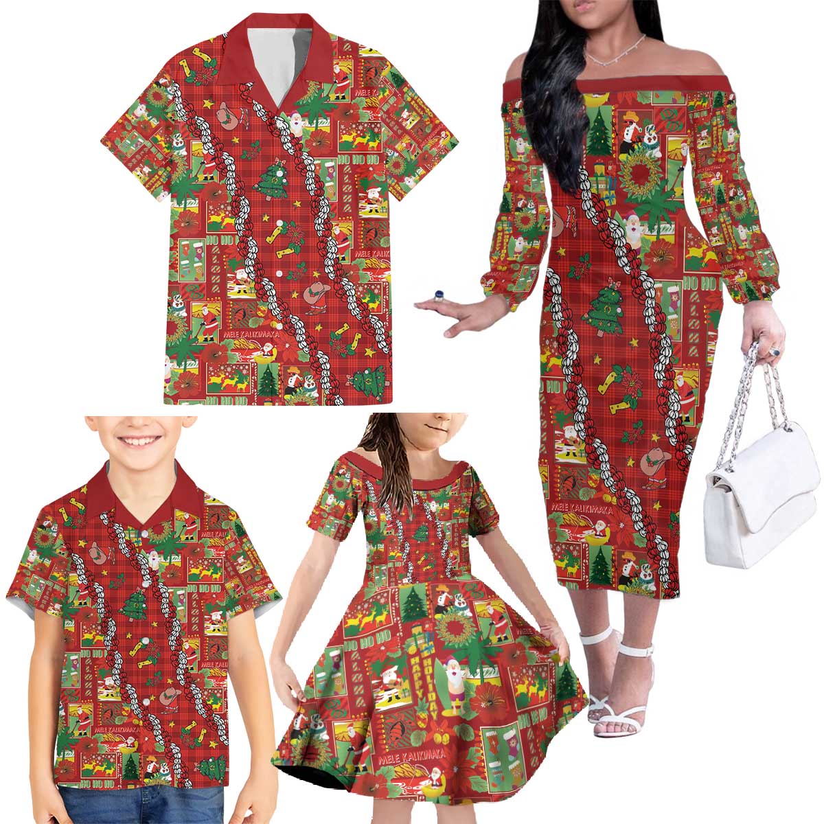 Mele Kalikimaka Pakalana Pikake Lei Family Matching Off The Shoulder Long Sleeve Dress and Hawaiian Shirt Hawaiian Rodeo Paniolo Omaomao Palaka - Polynesian Pride