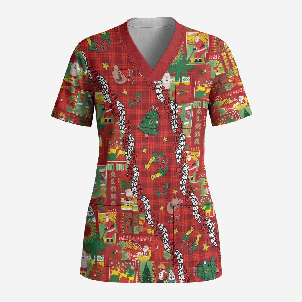 Mele Kalikimaka Pakalana Pikake Lei Scrub Top Hawaiian Rodeo Paniolo Omaomao Palaka LT9 Adult Green - Polynesian Pride