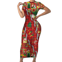 Mele Kalikimaka Pakalana Pikake Lei Short Sleeve Bodycon Dress Hawaiian Rodeo Paniolo Omaomao Palaka - Polynesian Pride