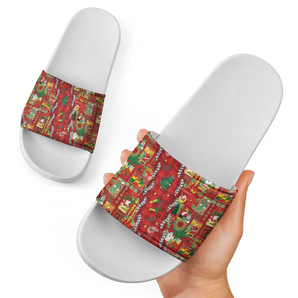 Mele Kalikimaka Pakalana Pikake Lei Slide Sandals Hawaiian Rodeo Paniolo Omaomao Palaka - Polynesian Pride