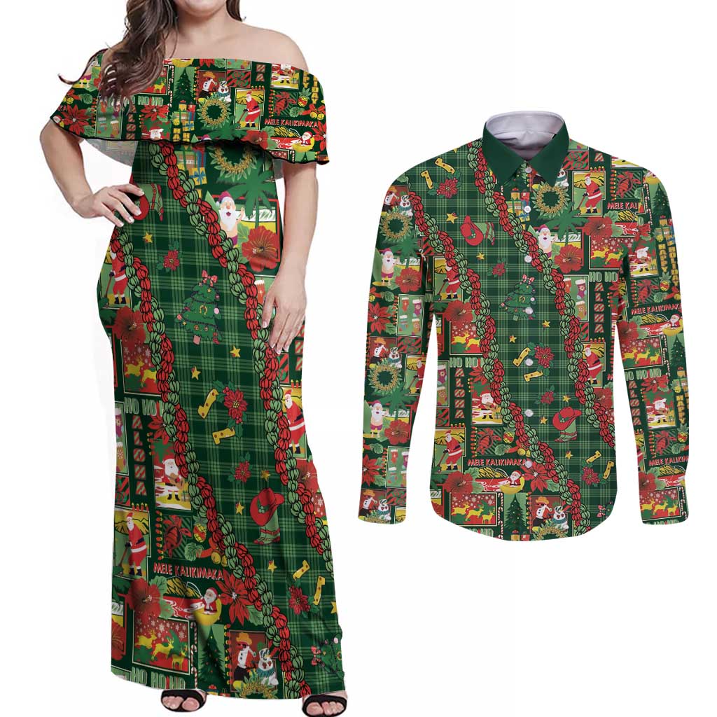 Mele Kalikimaka Pakalana Pikake Lei Couples Matching Off Shoulder Maxi Dress and Long Sleeve Button Shirt Hawaiian Rodeo Paniolo Ulaula Palaka - Polynesian Pride