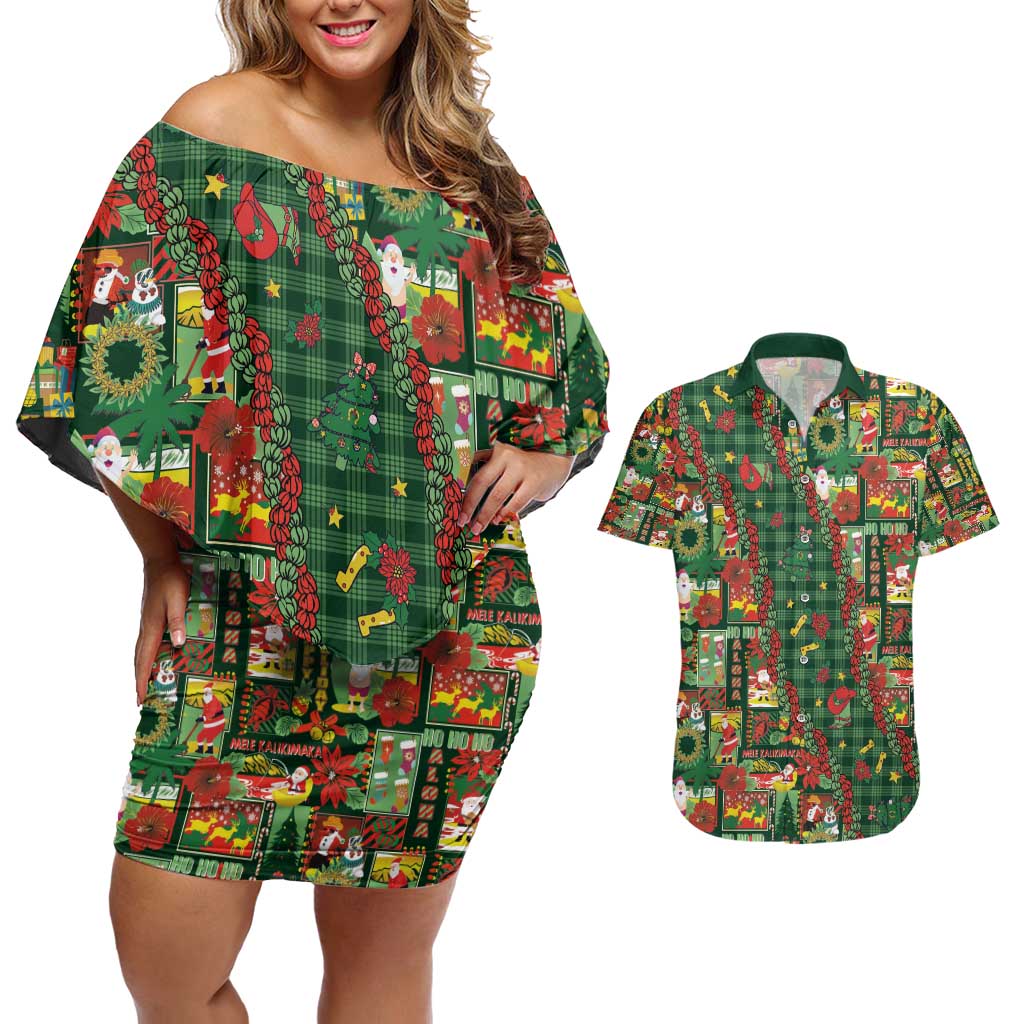 Mele Kalikimaka Pakalana Pikake Lei Couples Matching Off Shoulder Short Dress and Hawaiian Shirt Hawaiian Rodeo Paniolo Ulaula Palaka - Polynesian Pride