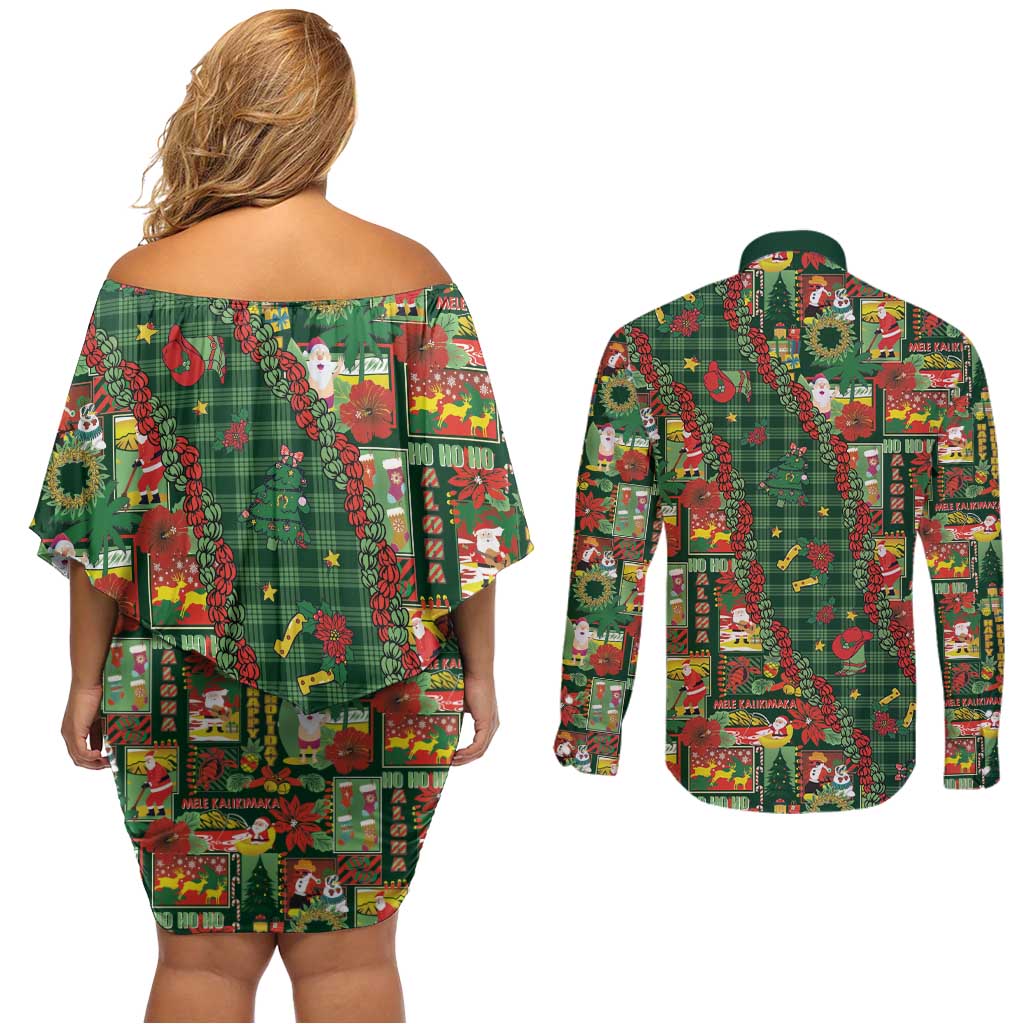 Mele Kalikimaka Pakalana Pikake Lei Couples Matching Off Shoulder Short Dress and Long Sleeve Button Shirt Hawaiian Rodeo Paniolo Ulaula Palaka - Polynesian Pride