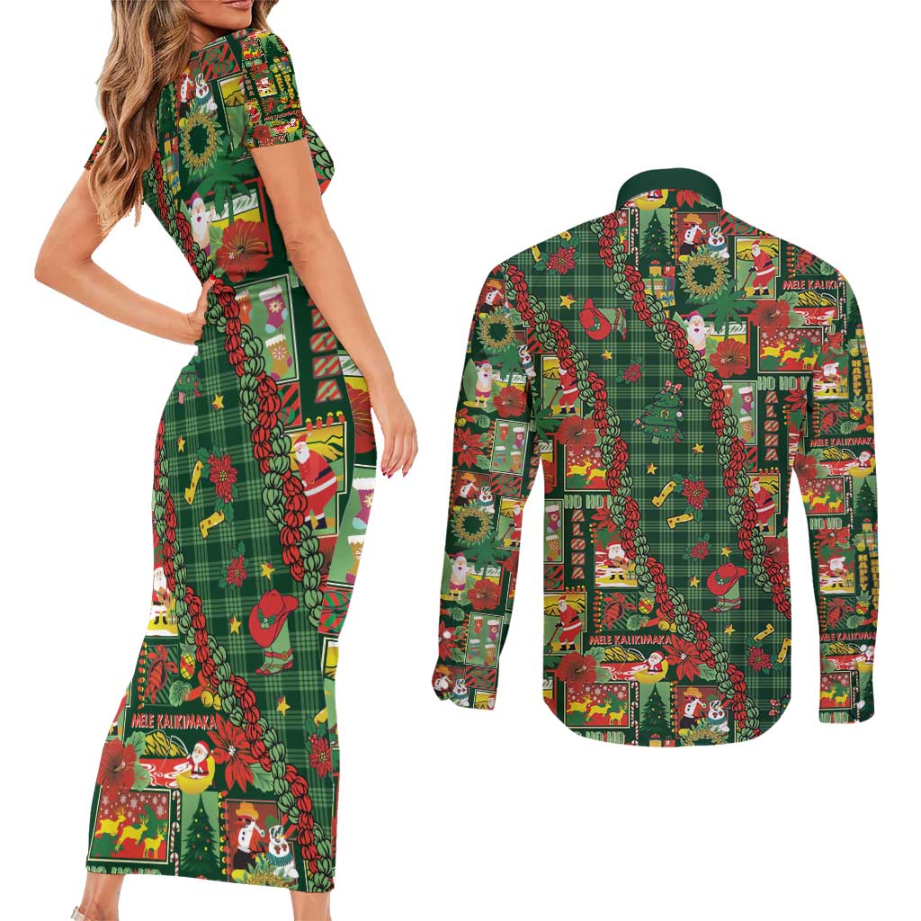 Mele Kalikimaka Pakalana Pikake Lei Couples Matching Short Sleeve Bodycon Dress and Long Sleeve Button Shirt Hawaiian Rodeo Paniolo Ulaula Palaka - Polynesian Pride