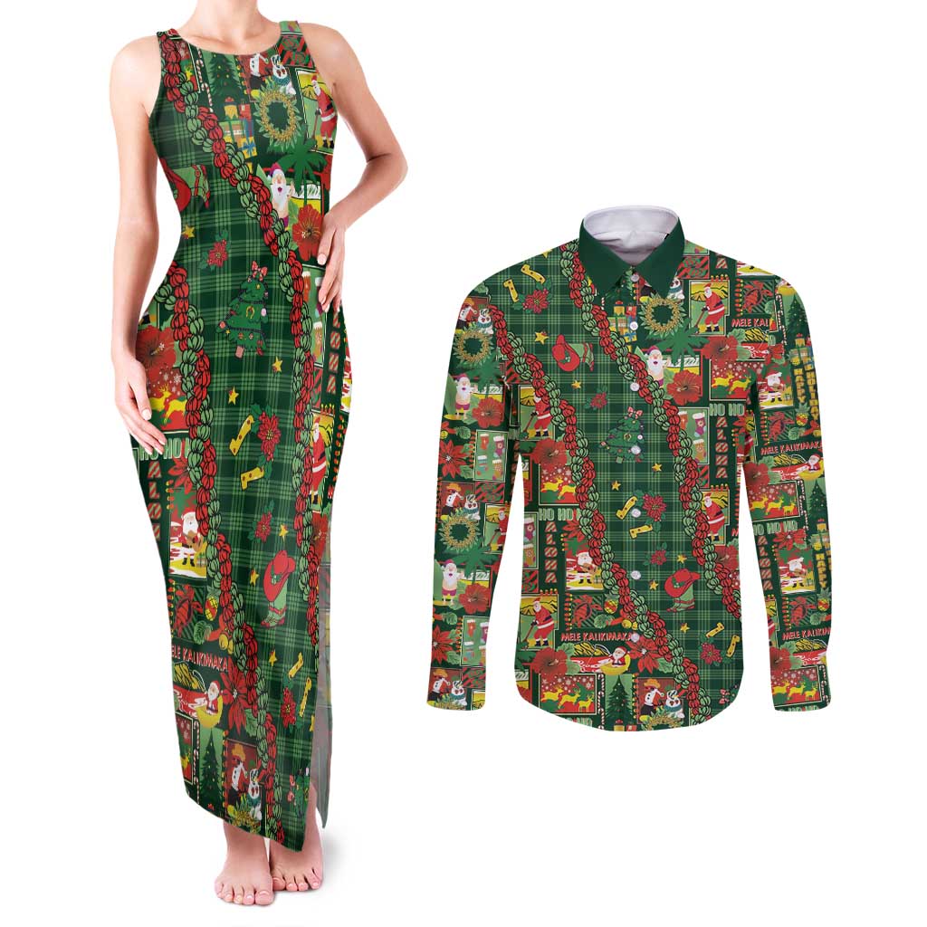 Mele Kalikimaka Pakalana Pikake Lei Couples Matching Tank Maxi Dress and Long Sleeve Button Shirt Hawaiian Rodeo Paniolo Ulaula Palaka - Polynesian Pride