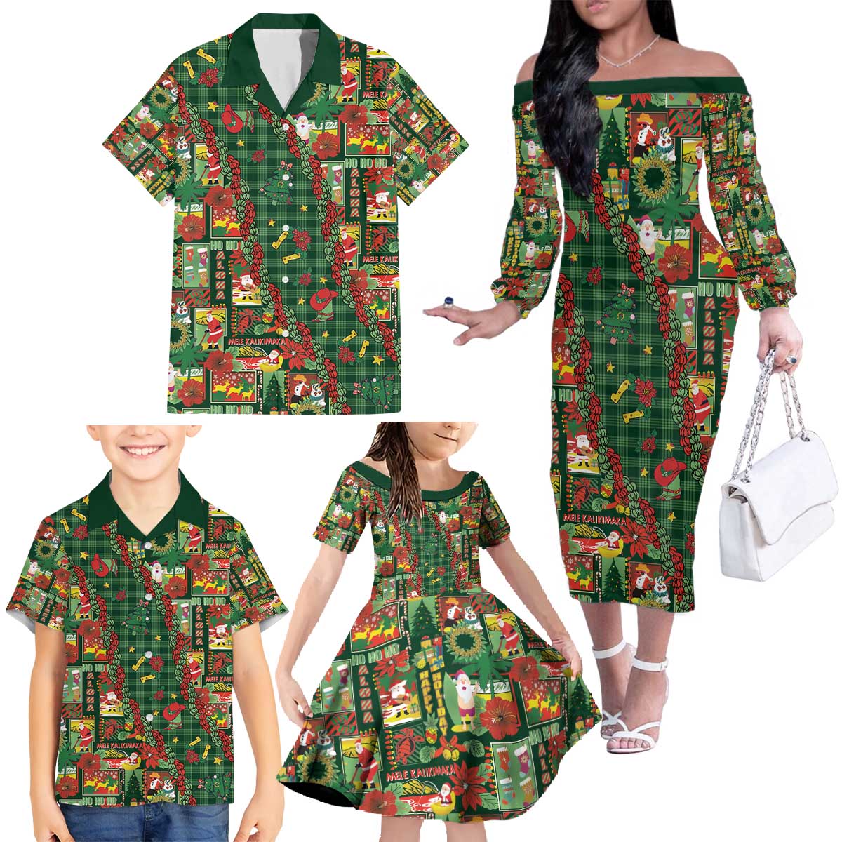 Mele Kalikimaka Pakalana Pikake Lei Family Matching Off The Shoulder Long Sleeve Dress and Hawaiian Shirt Hawaiian Rodeo Paniolo Ulaula Palaka - Polynesian Pride
