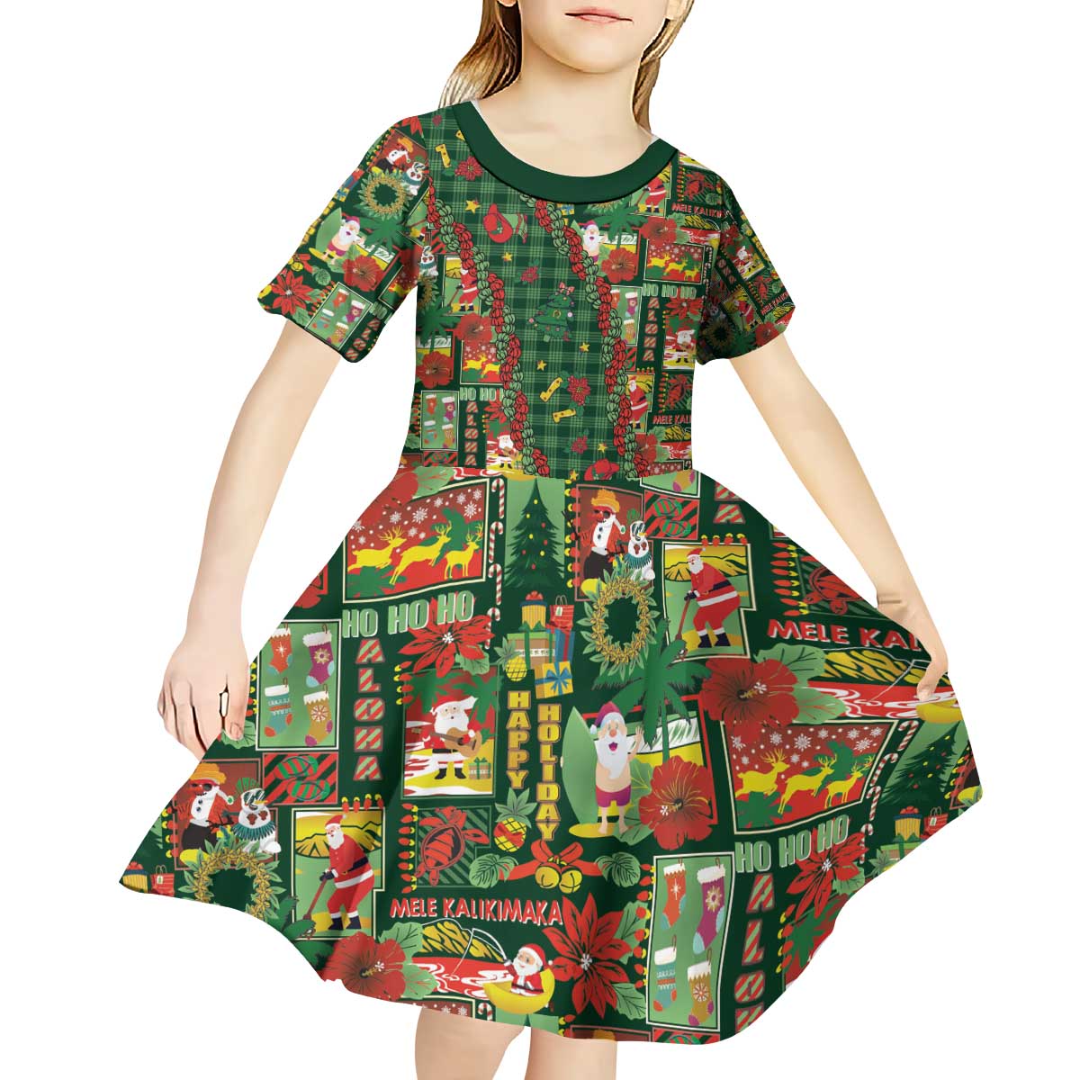 Mele Kalikimaka Pakalana Pikake Lei Kid Short Sleeve Dress Hawaiian Rodeo Paniolo Ulaula Palaka - Polynesian Pride
