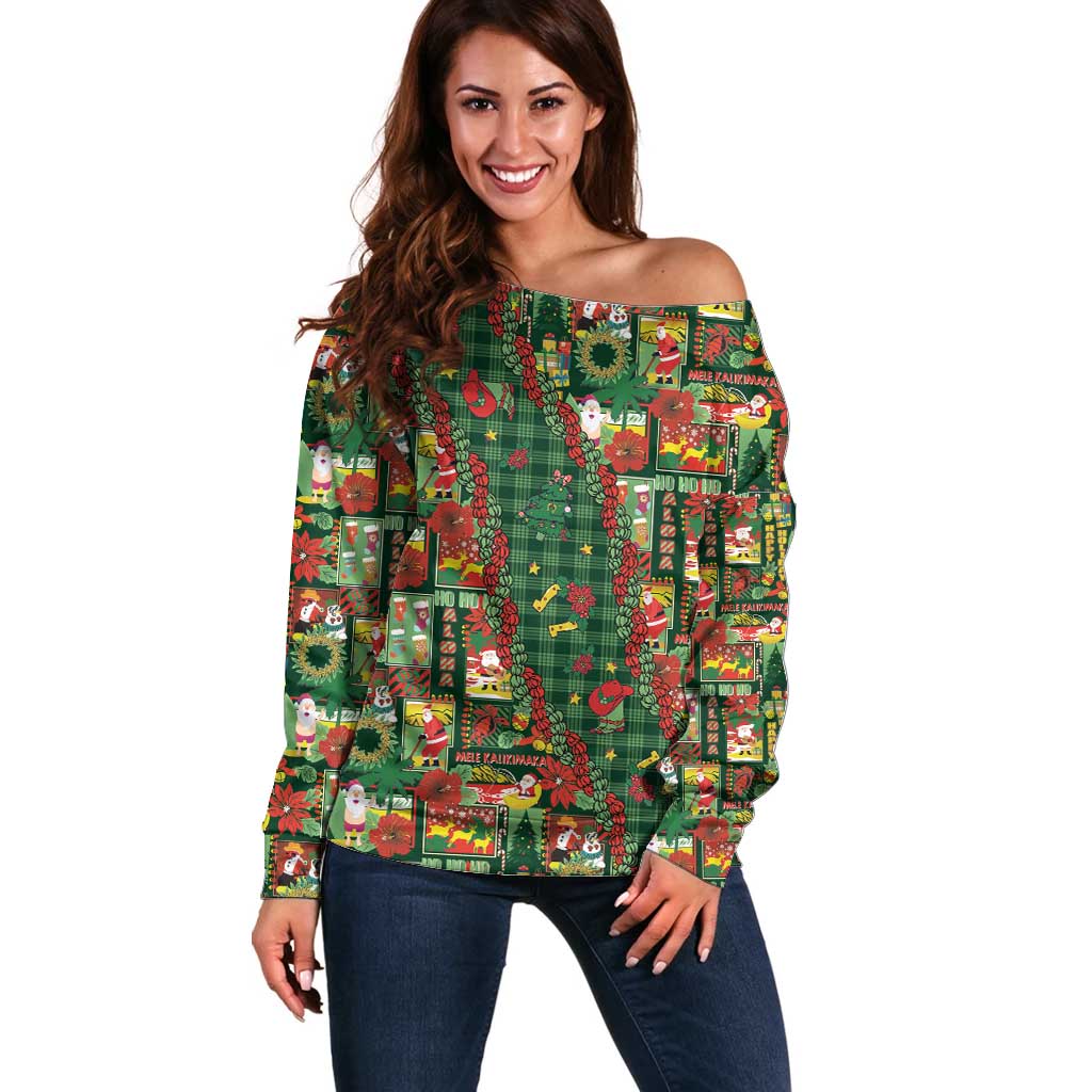 Mele Kalikimaka Pakalana Pikake Lei Off Shoulder Sweater Hawaiian Rodeo Paniolo Ulaula Palaka - Polynesian Pride