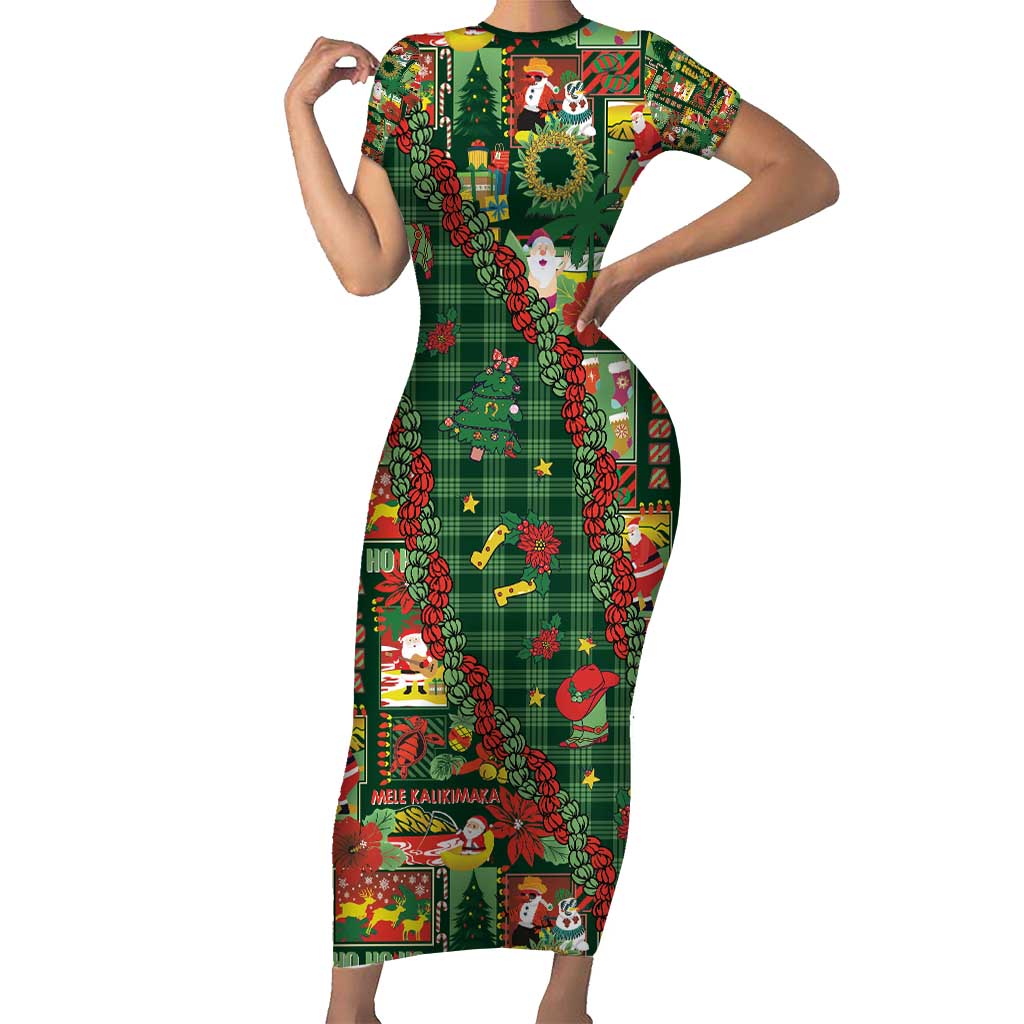 Mele Kalikimaka Pakalana Pikake Lei Short Sleeve Bodycon Dress Hawaiian Rodeo Paniolo Ulaula Palaka - Polynesian Pride