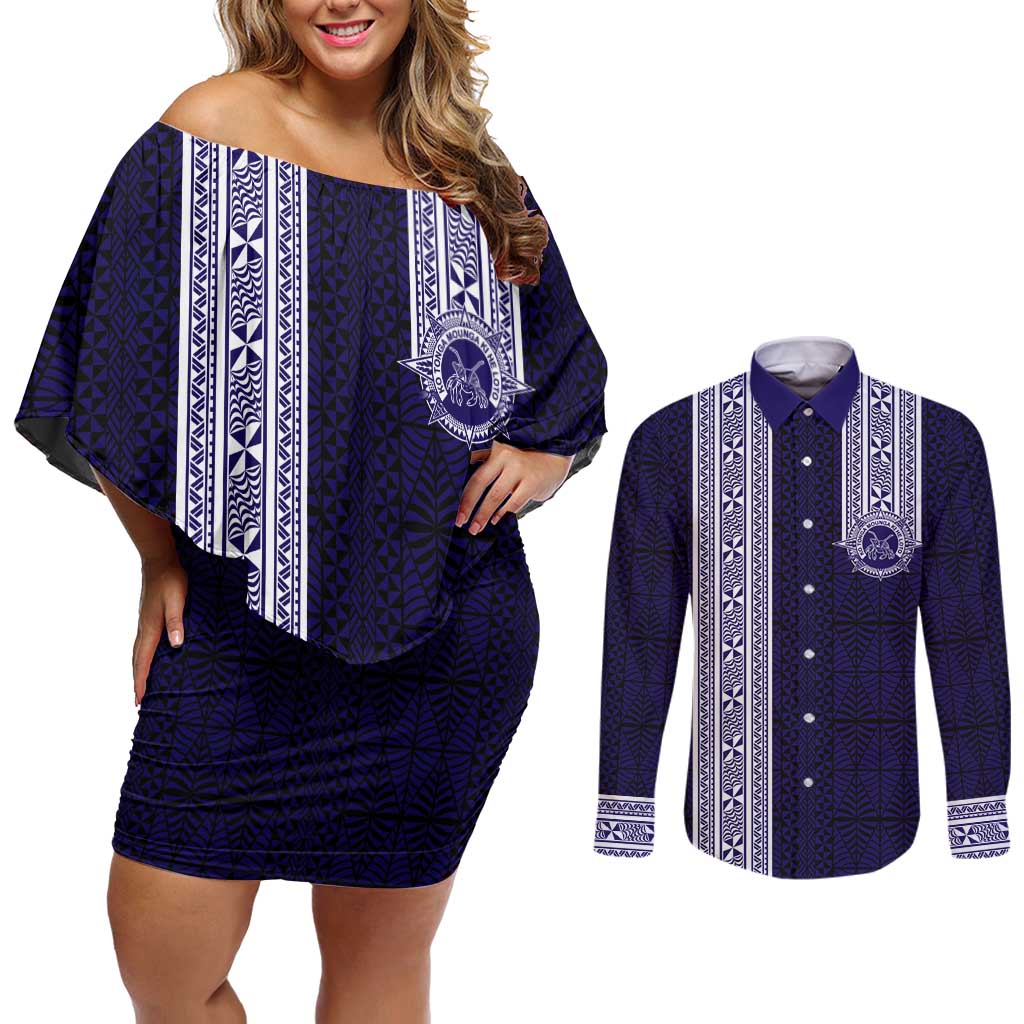 Tonga Queen Salote College 100 years Couples Matching Off Shoulder Short Dress and Long Sleeve Button Shirt QSC 1926-2026 Tongan Pattern