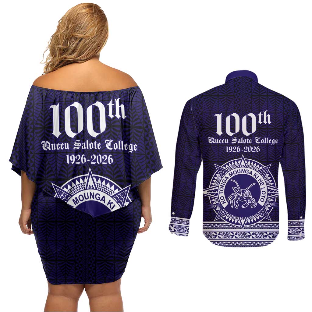 Tonga Queen Salote College 100 years Couples Matching Off Shoulder Short Dress and Long Sleeve Button Shirt QSC 1926-2026 Tongan Pattern
