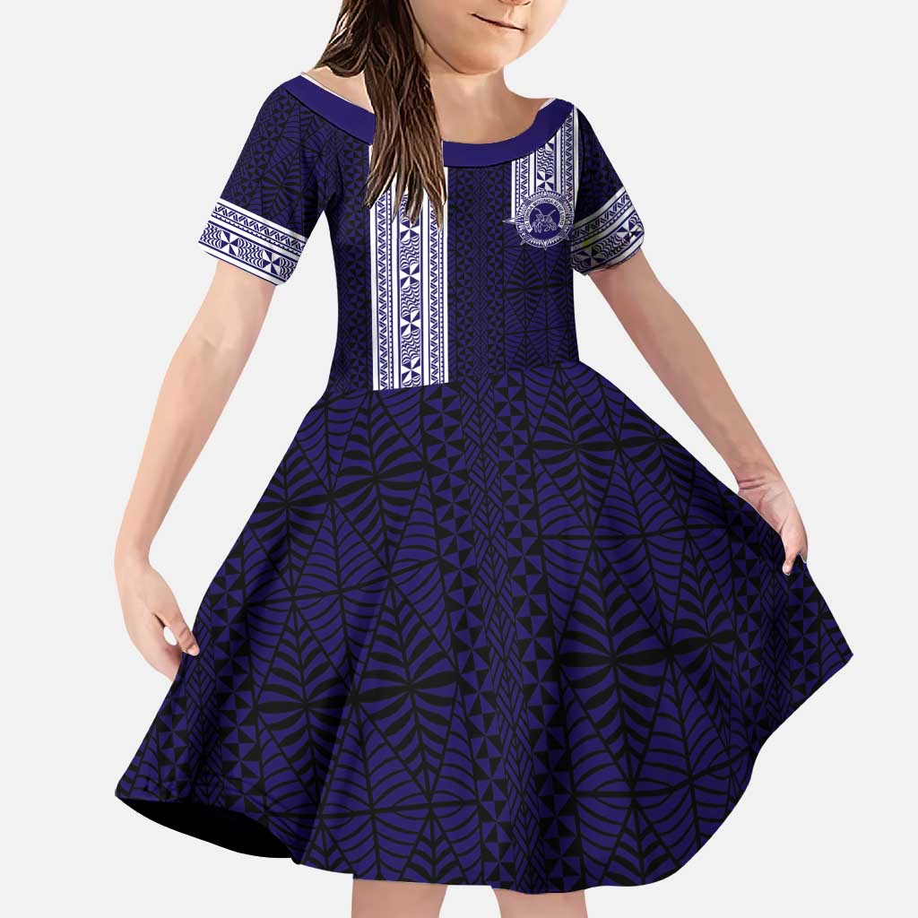 Tonga Queen Salote College 100 years Family Matching Long Sleeve Bodycon Dress and Hawaiian Shirt QSC 1926-2026 Tongan Pattern LT9 Daughter's Dress Blue - Polynesian Pride