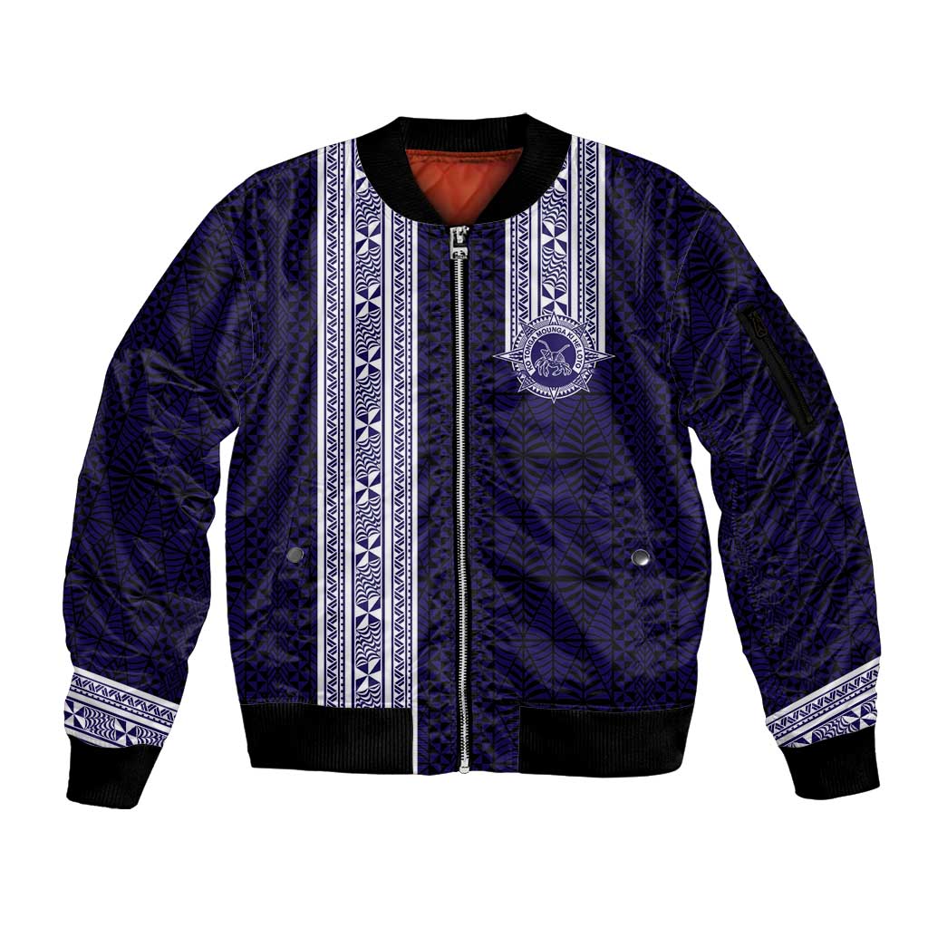 Tonga Queen Salote College 100 years Sleeve Zip Bomber Jacket QSC 1926-2026 Tongan Pattern LT9 Unisex Blue - Polynesian Pride