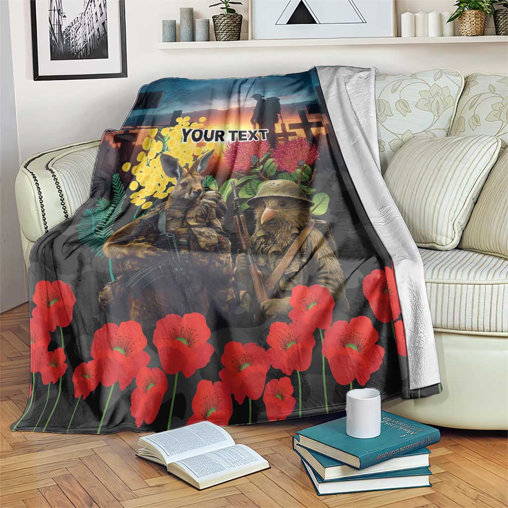 Kangaroo-Kiwi Soldier ANZAC Personalised Blanket Golden Wattle and Pohutukawa Flowers