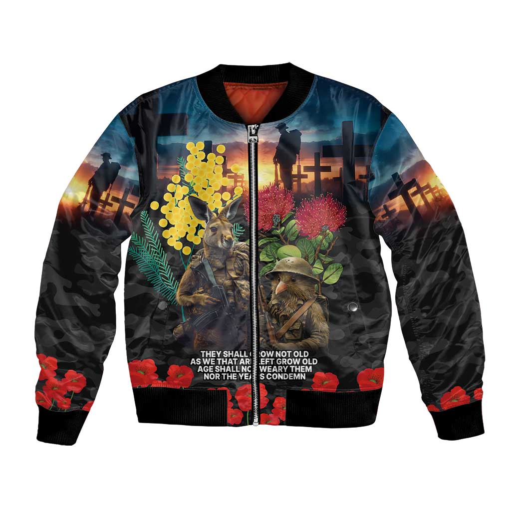 Kangaroo-Kiwi Soldier ANZAC Personalised Bomber Jacket Golden Wattle and Pohutukawa Flowers LT9 Unisex Black - Polynesian Pride