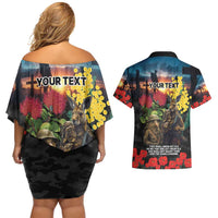 Kangaroo-Kiwi Soldier ANZAC Personalised Couples Matching Off Shoulder Short Dress and Hawaiian Shirt Golden Wattle and Pohutukawa Flowers