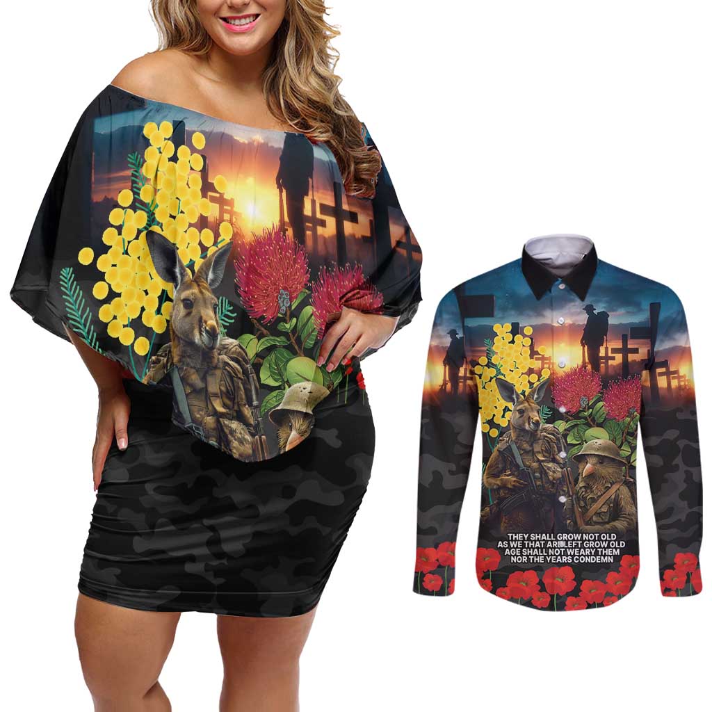 Kangaroo-Kiwi Soldier ANZAC Personalised Couples Matching Off Shoulder Short Dress and Long Sleeve Button Shirt Golden Wattle and Pohutukawa Flowers