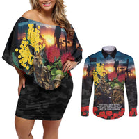 Kangaroo-Kiwi Soldier ANZAC Personalised Couples Matching Off Shoulder Short Dress and Long Sleeve Button Shirt Golden Wattle and Pohutukawa Flowers