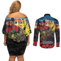 Kangaroo-Kiwi Soldier ANZAC Personalised Couples Matching Off Shoulder Short Dress and Long Sleeve Button Shirt Golden Wattle and Pohutukawa Flowers