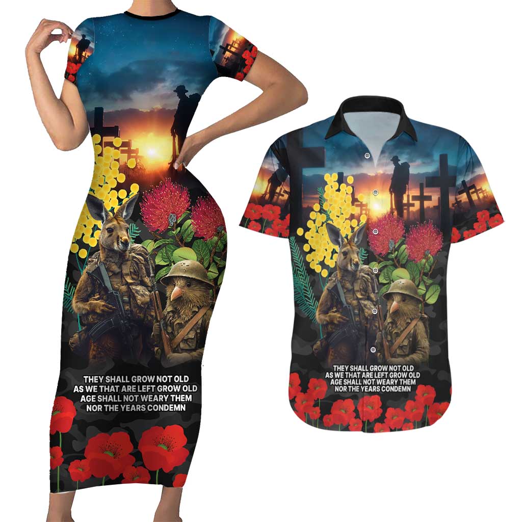 Kangaroo-Kiwi Soldier ANZAC Personalised Couples Matching Short Sleeve Bodycon Dress and Hawaiian Shirt Golden Wattle and Pohutukawa Flowers