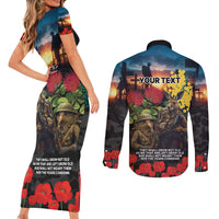 Kangaroo-Kiwi Soldier ANZAC Personalised Couples Matching Short Sleeve Bodycon Dress and Long Sleeve Button Shirt Golden Wattle and Pohutukawa Flowers