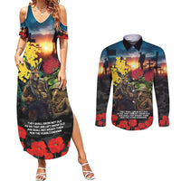Kangaroo-Kiwi Soldier ANZAC Personalised Couples Matching Summer Maxi Dress and Long Sleeve Button Shirt Golden Wattle and Pohutukawa Flowers