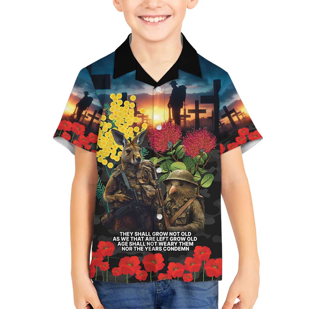 Kangaroo-Kiwi Soldier ANZAC Personalised Family Matching Long Sleeve Bodycon Dress and Hawaiian Shirt Golden Wattle and Pohutukawa Flowers